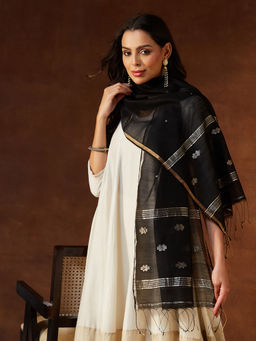 Fabindia - Womens Black Cotton Silk Blend Jamdani Stole