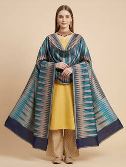 MUFFLY - Womens Navy Blue Bamboo Silk Reversible Ikkat Woven Shawl
