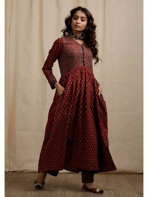 Red Ajrakh Embellished Flared Jumpsuit main image 0