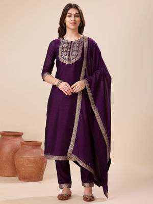 Women Blue Vichitra Silk Kurta Set With Pant And Duppata Set