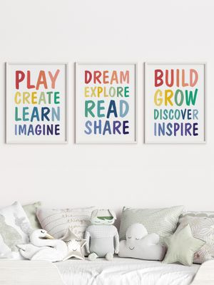 My Kids Wall Kids Playroom Wall Art (Framed Set of 3)-White (32x23 cm)