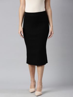 Women's Self Design Cream Straight Midi Skirt