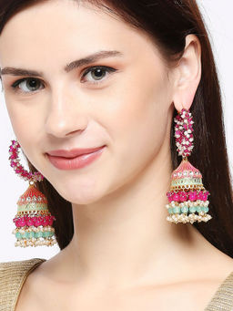 OOMPH - Pink and Red Meenakari Enamel with Kundan and Pearls Large Jhumka Earrings