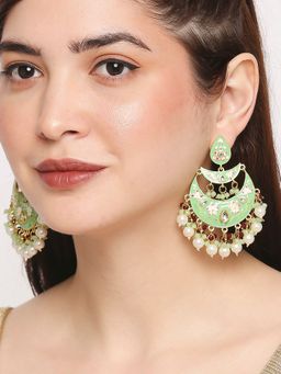 OOMPH - Green Meenakari Enamel Floral Large Chandbali Earrings