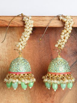 OOMPH - Green Meenakari and Pearls Large Ethnic Jhumkas