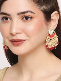 OOMPH - Pink Meenakari Enamel and Pearls Lotus Design Large Ethnic Drop Earrings