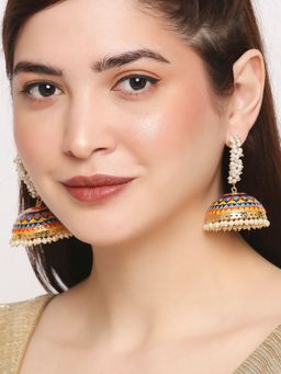 OOMPH - Yellow and Red Meenakari Enamel Floral Large Ethnic Jhumkas