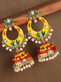 OOMPH - Yellow Meenakari Enamel Floral Ethnic Jhumkas