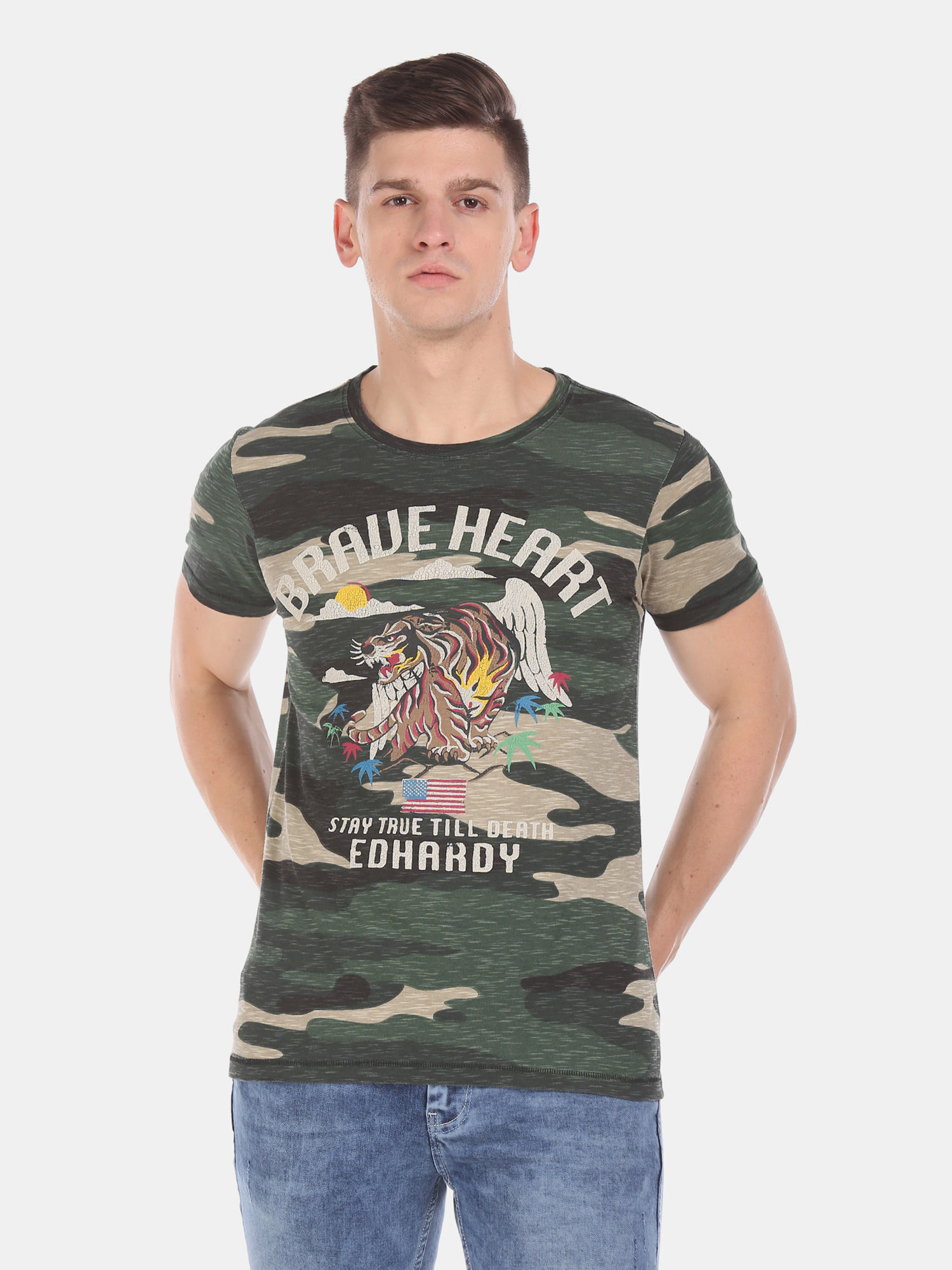 Over Camo Print Crew Neck T-Shirt 