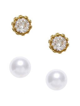 OOMPH - Set of 2 Gold Round Crown Cubic Zirconia & White Pearl Ear Stud Earrings