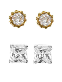 OOMPH - Set of 2 Gold & Silver Tone Round & Square Cubic Zirconia Small Ear Stud Earrings