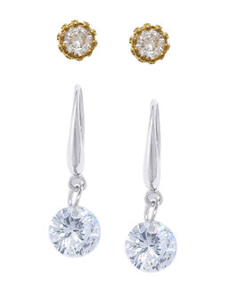 OOMPH - Set of 2 Gold & Silver Tone Crown Design Cubic Zirconia Ear Stud & Drop Earrings