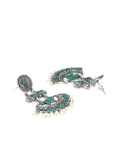 OOMPH - Oxidised Silver with Green Stone with Pearls Peacock Design Ethnic Drop Earrings