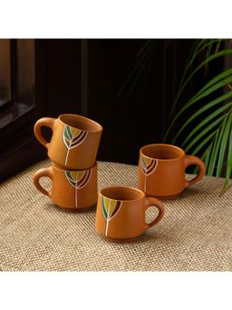 ExclusiveLane - 'Shades of a Leaf' Hand-Painted Terracotta Coffee & Tea Cups (Set of 4, 160 ml)