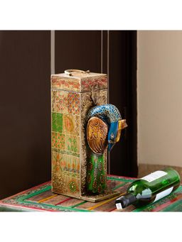 ExclusiveLane - 'Rajasthani Peacock' Hand-painted Wooden Wine Bottle Holder