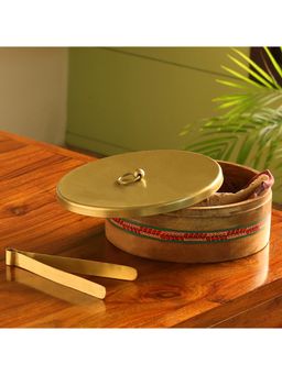 ExclusiveLane - 'Golden Kalamkari' Hand-painted Chapati Box With Tong In Mango Wood & Iron