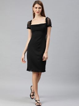 EMBLAZE - Black Solid Sheath With Pleats On Hem And Puff Sleeve Dress