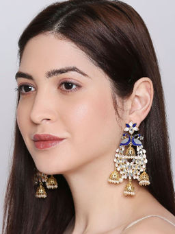 OOMPH - Grey and Blue Meenakari Enamel with Kundan and Pearls Peacock Design Drop Earrings