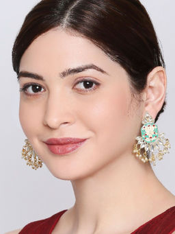 OOMPH - Green Meenakari Enamel with Kundan and Pearls Geometric Design Drop Earrings