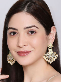 OOMPH - Green and Gold Meenakari Enamel with Kundan and Pearls Geometric Design Drop Earrings