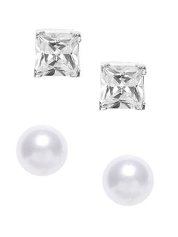 OOMPH - Set of 2 Silver Square Cubic Zirconia & White Pearl Ear Stud Earrings