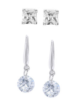 OOMPH - Set of 2 Silver Tone Square & Round Cubic Zirconia Ear Stud & Drop Earrings