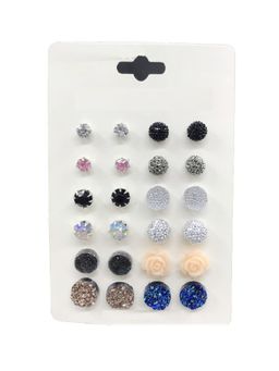 OOMPH - Combo Of 12 Silver Tone Crystal & Shimmer Fashion Ear Stud Earrings