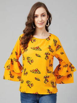 RARE - Women Casual Yellow Colour Round Neck Floral Print Regular Top