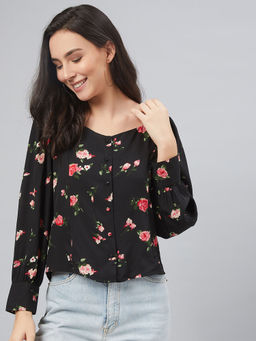 RARE - Women Printed Black Colour Collarless Shirt