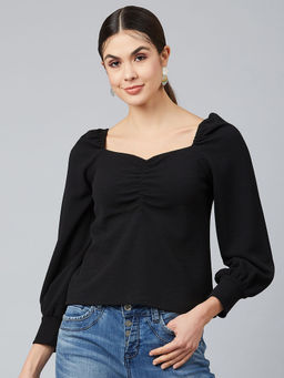 RARE - Women Casual Black Colour Sweetheart Neck Solid Print Regular Top