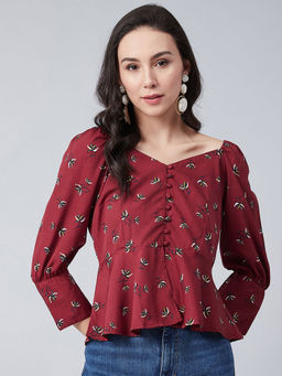 RARE - Women Casual Maroon Colour Sweetheart Neck Floral Print Peplum Top