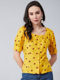 RARE - Women Casual Yellow Colour Square Neck Polka Dots Print Regular Top