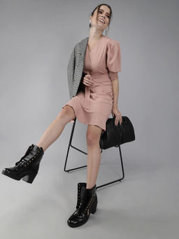 RARE - Women Casual Peach Colour Knee Length Solid Dress