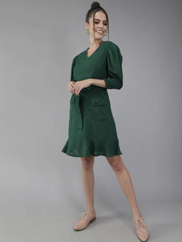 RARE - Women Casual Green Colour Knee Length Solid Dress