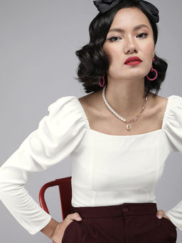 RARE - Women Casual White Colour Square Neck Self Design Print Regular Top