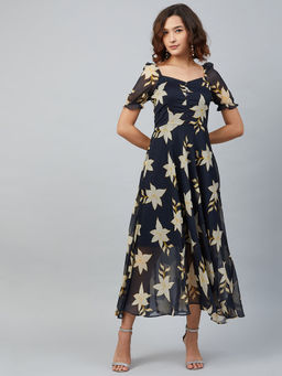 RARE - Women Casual Navy Blue Colour Maxi Floral Dress