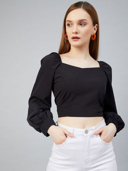 RARE - Women Casual Black Colour Sweetheart Neck Solid Print Regular Top