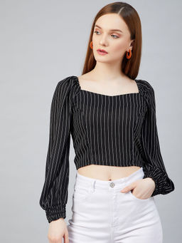 RARE - Women Casual Black Stripe Colour Sweetheart Neck Vertical Stripes Print Regular Top