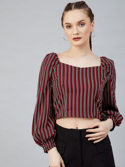 RARE - Women Casual Wine Colour Sweetheart Neck Vertical Stripes Print Regular Top