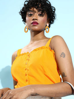 RARE - Women Casual Yellow Colour Shoulder Straps Solid Print Fitted Top