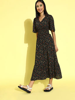 RARE - Women Casual Black Colour Knee Length Floral Dress