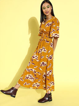 RARE - Women Casual Mustard Colour Knee Length Floral Dress