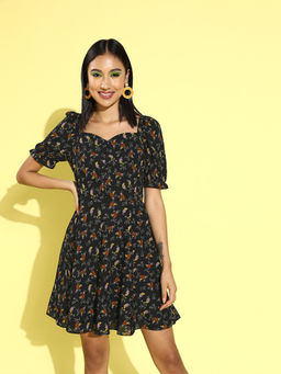 RARE - Women Casual Black Colour Knee Length Floral Dress