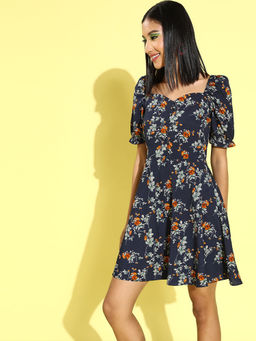 RARE - Women Casual Navy Blue Colour Knee Length Floral Dress