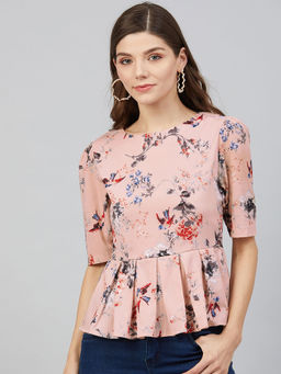 RARE - Women Casual Peach Colour Round Neck Floral Print Regular Top