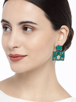 Accessher - Gold-Plated & Green Square Drop Earrings