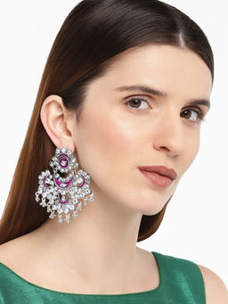 Accessher - Silver-Plated & Pink Floral Jhumkas