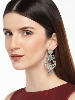 Accessher - Silver-Plated & Green Crescent Shaped Drop Earrings