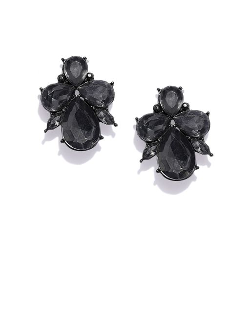 Fabula Black Floral Crystal Large Fashion Ear Stud Earrings
