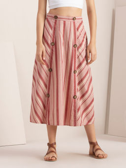 Indya - Earthen BY INDYA Blush Striped Buttoned Midi Skirt